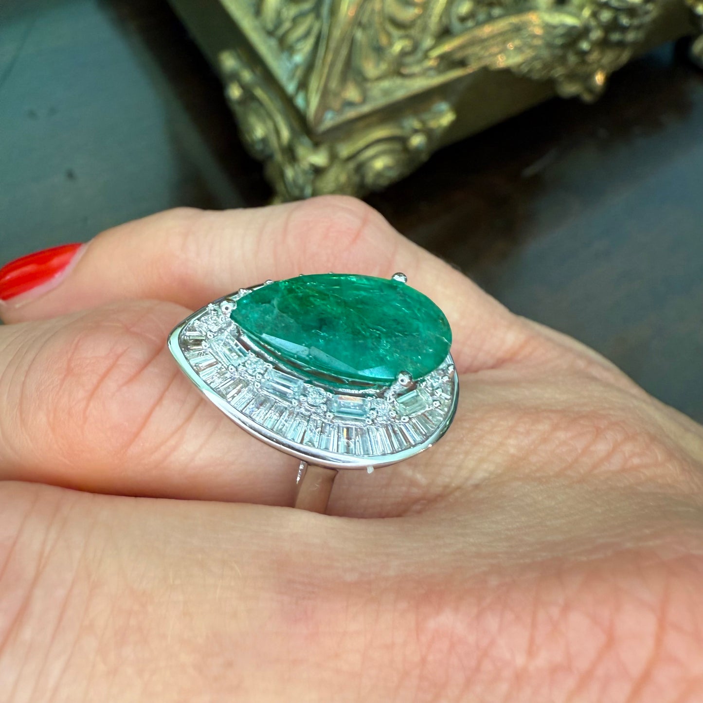 18K 4.93 CT Pear-Shaped Emerald and 1.87 CTW Diamond Ring