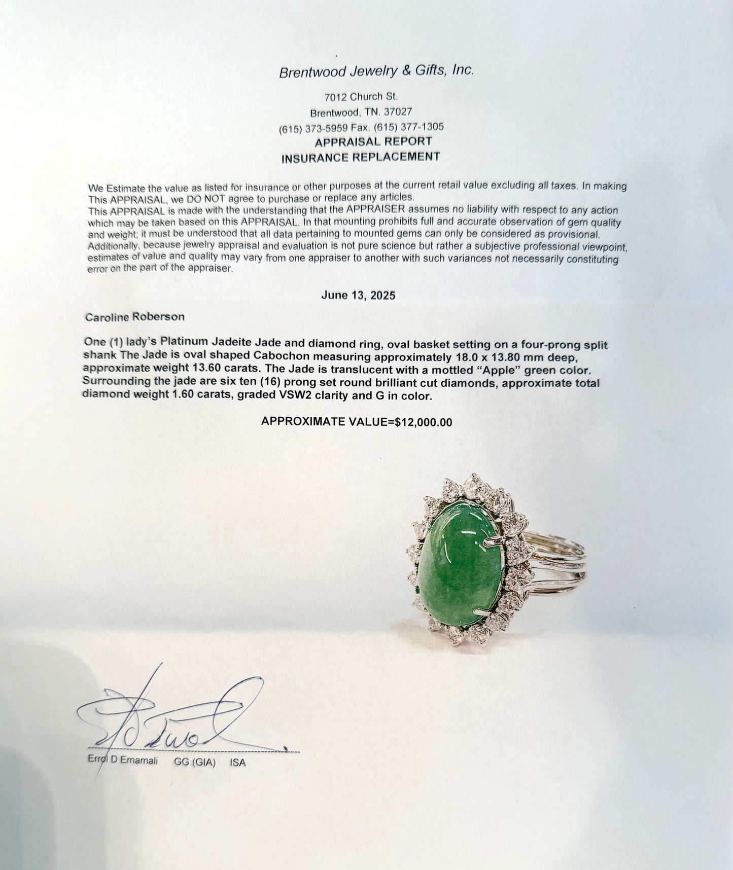 Platinum 13.60 Carat Jade and 1.60 CTW Diamond Cocktail or Engagement Ring