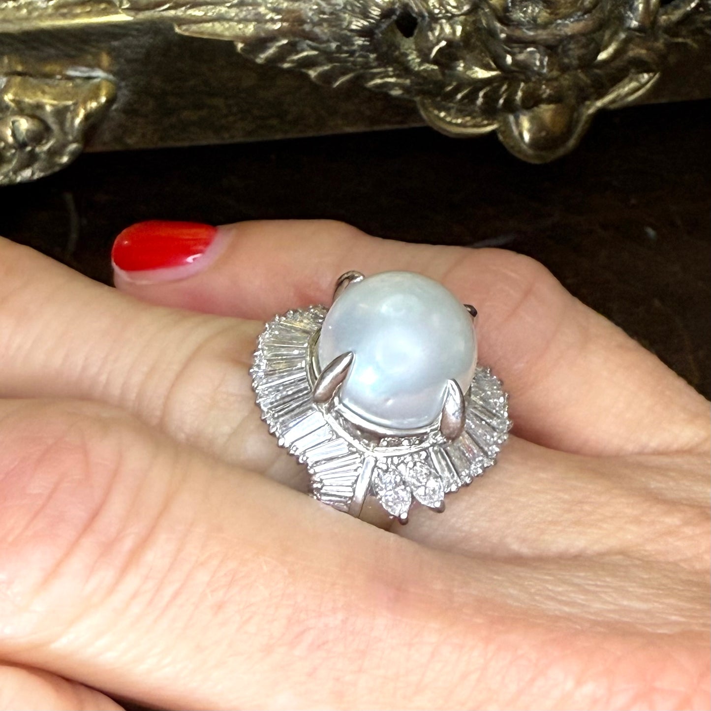 Platinum 2.04 CTW Diamond and 12.00 MM Pearl Ballerina Ring