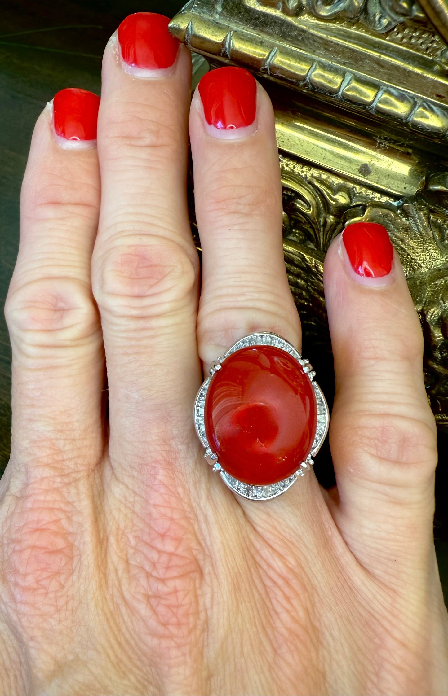 Platinum Coral and Diamond Ballerina Ring