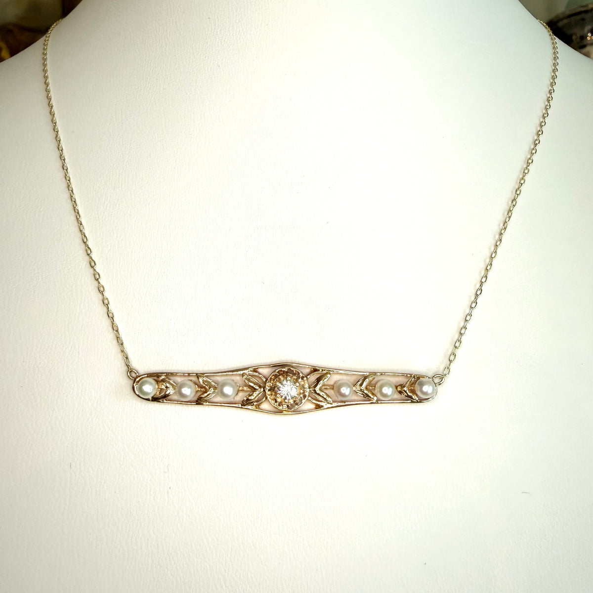 Antique 14k Diamond and Pearl Bar Pin Necklace