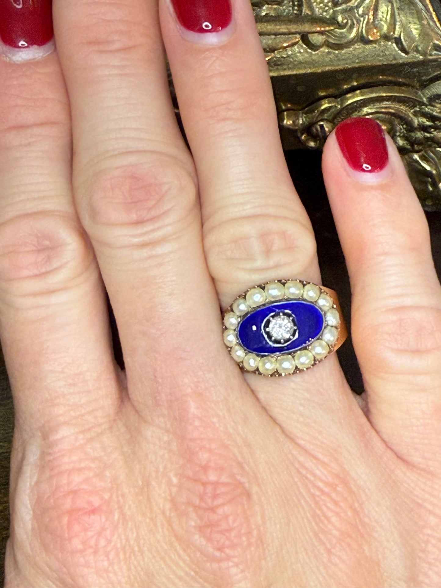 14k Antique Blue Enamel, Diamond, and Seed Pearl Ring Circa 1803