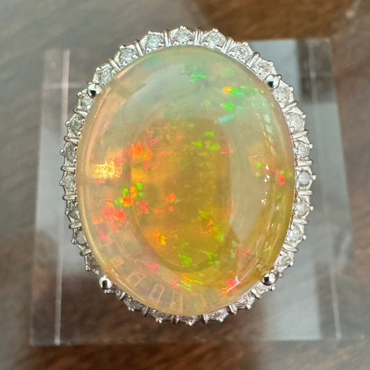 Estate 14K White Gold Opal Diamond Ring - GIA Verified
