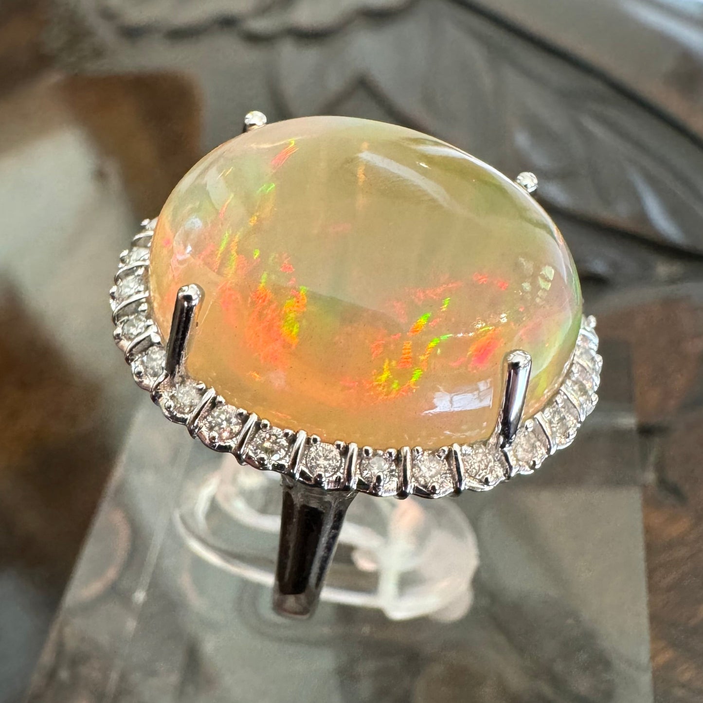 Estate 14K White Gold Opal Diamond Ring - GIA Verified