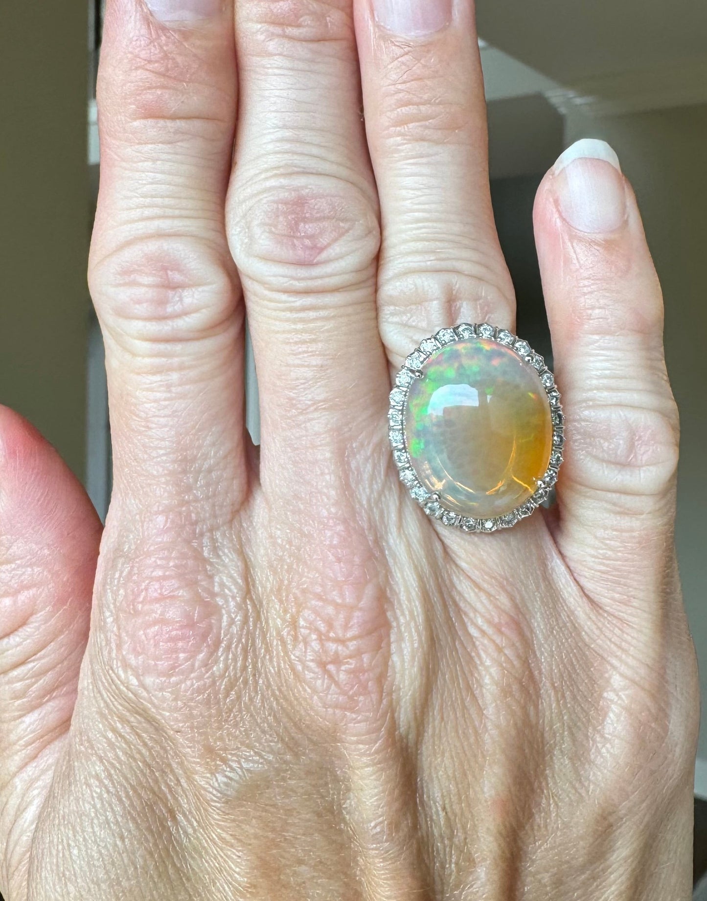 Estate 14K White Gold Opal Diamond Ring - GIA Verified
