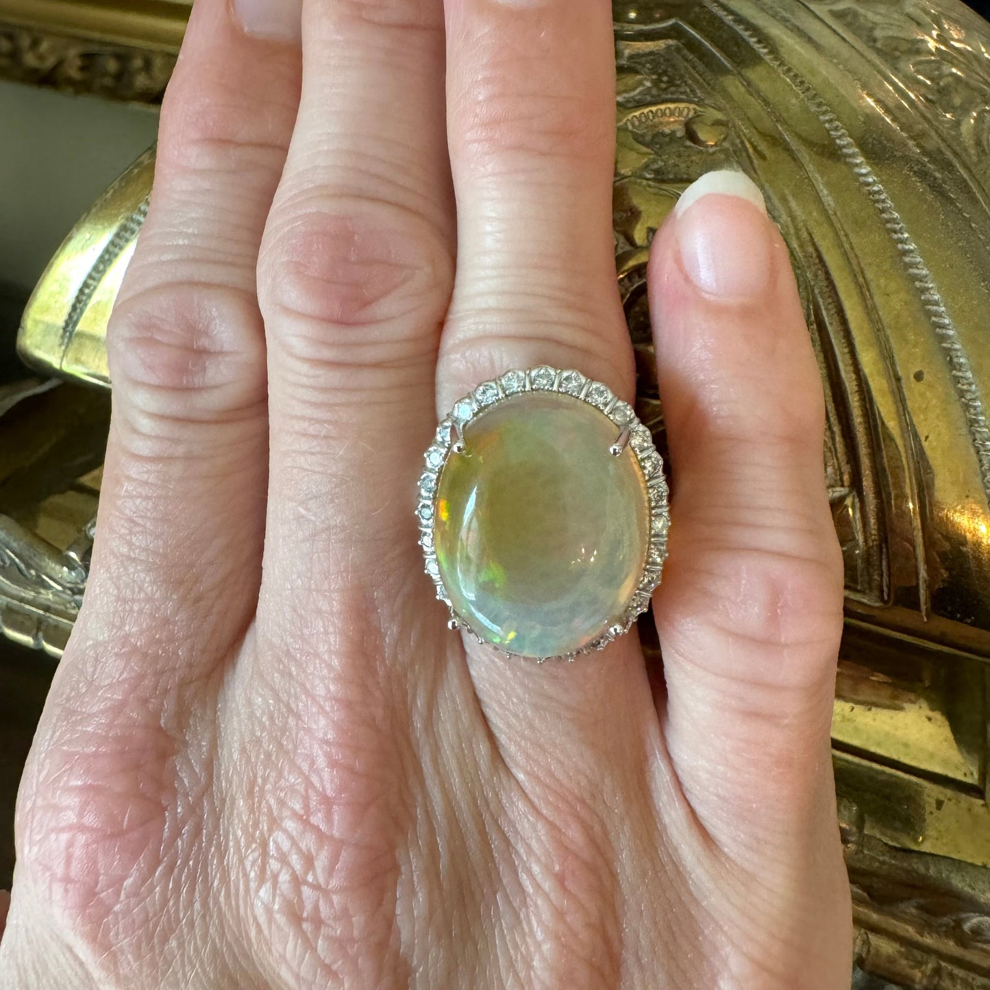 Estate 14K White Gold Opal Diamond Ring - GIA Verified