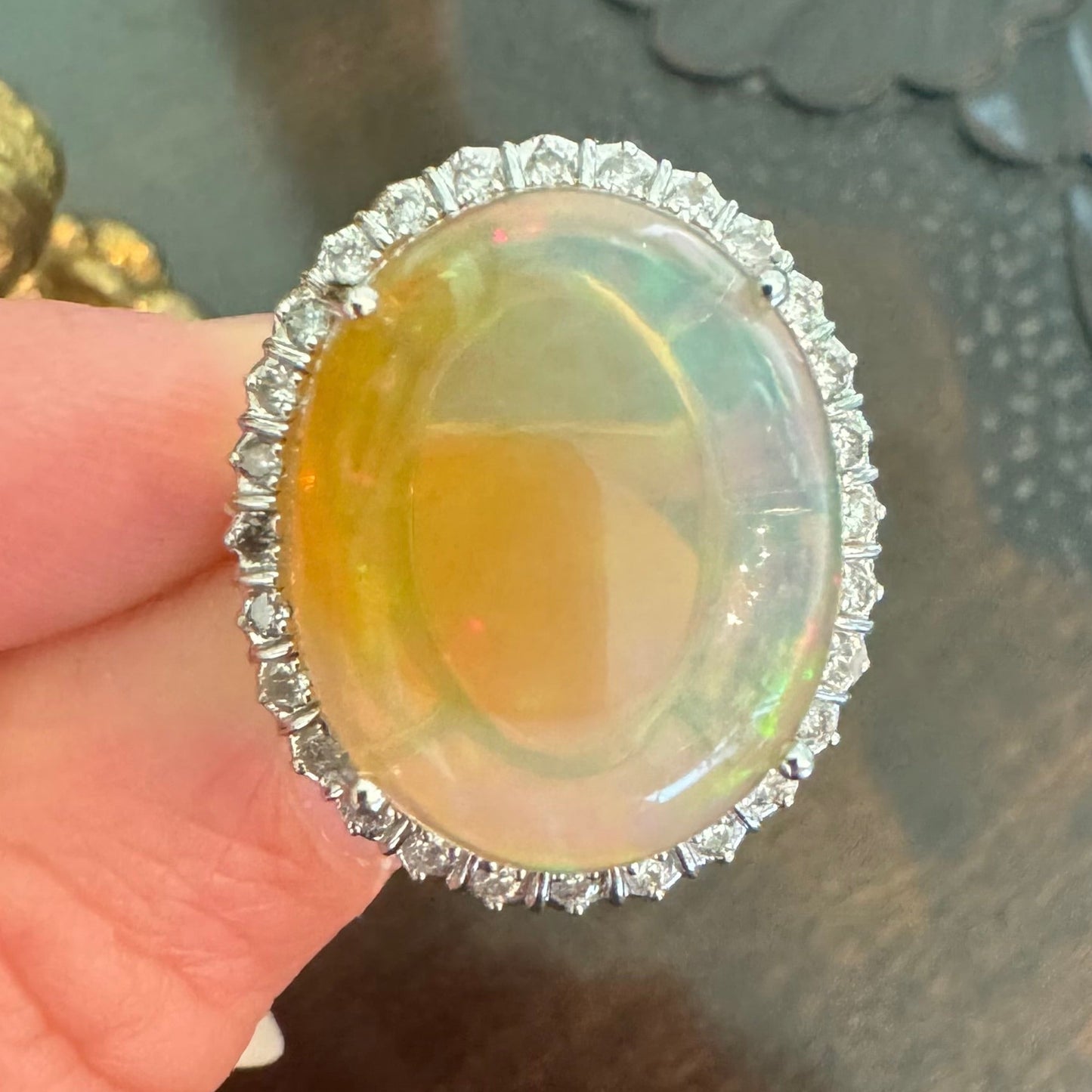 Estate 14K White Gold Opal Diamond Ring - GIA Verified