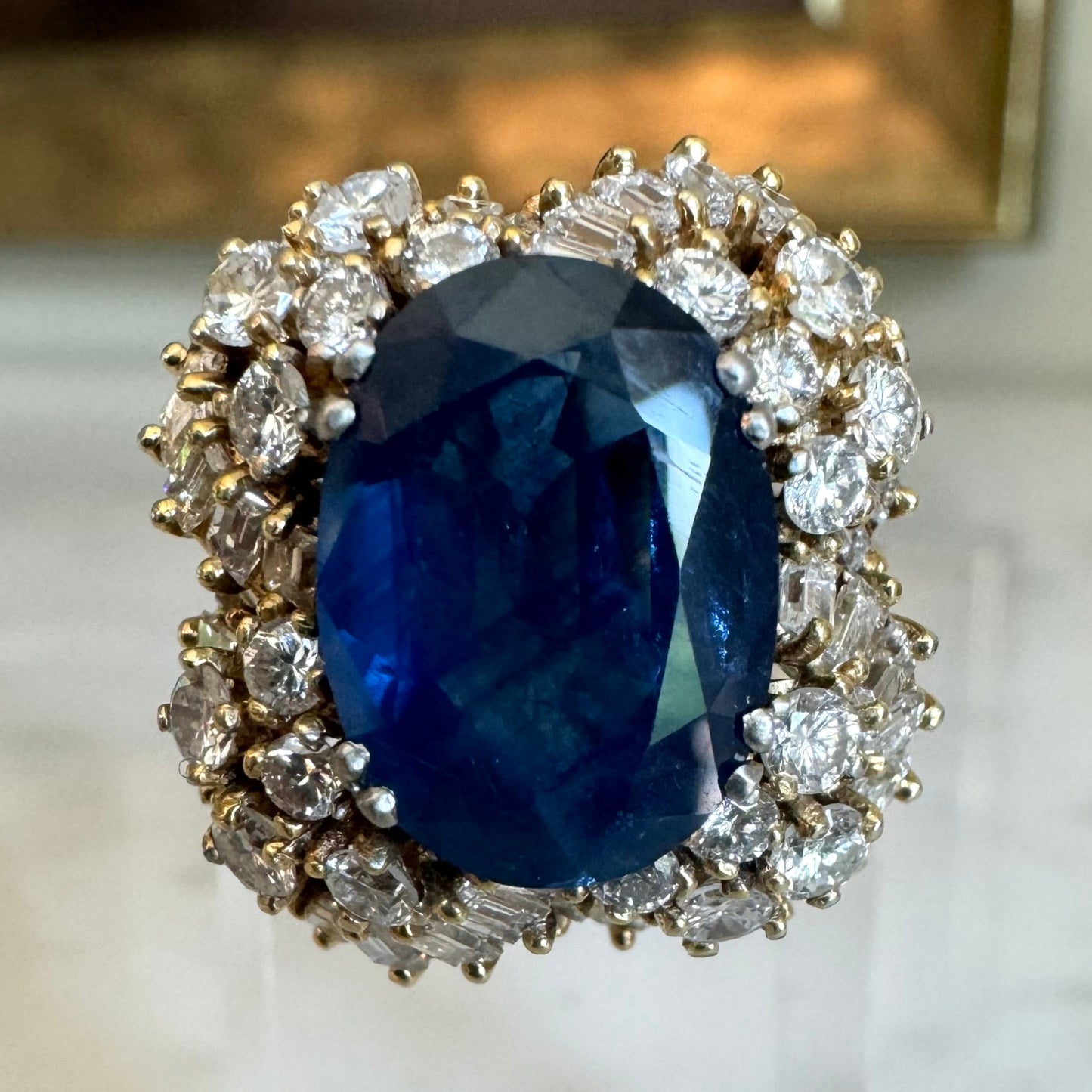 Platinum 6.24 CT Sapphire and 2.40 CTW Estate Diamond Cocktail Ring