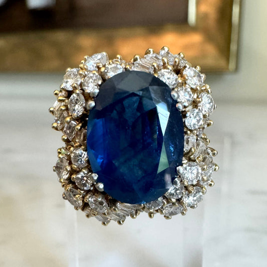 Platinum 6.24 CT Sapphire and 2.40 CTW Estate Diamond Cocktail Ring