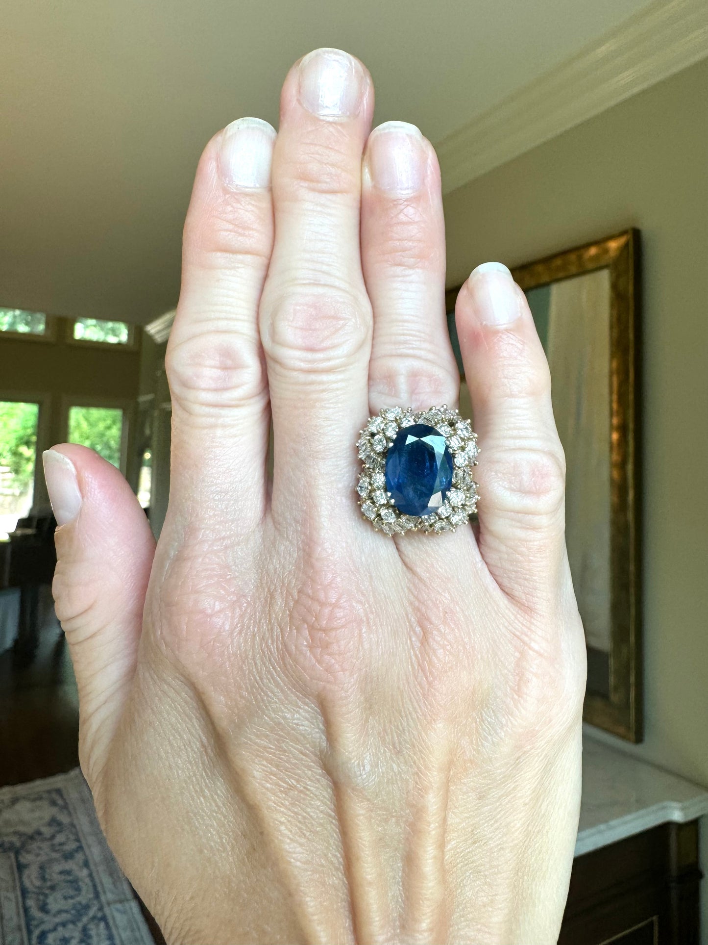 Platinum 6.24 CT Sapphire and 2.40 CTW Estate Diamond Cocktail Ring