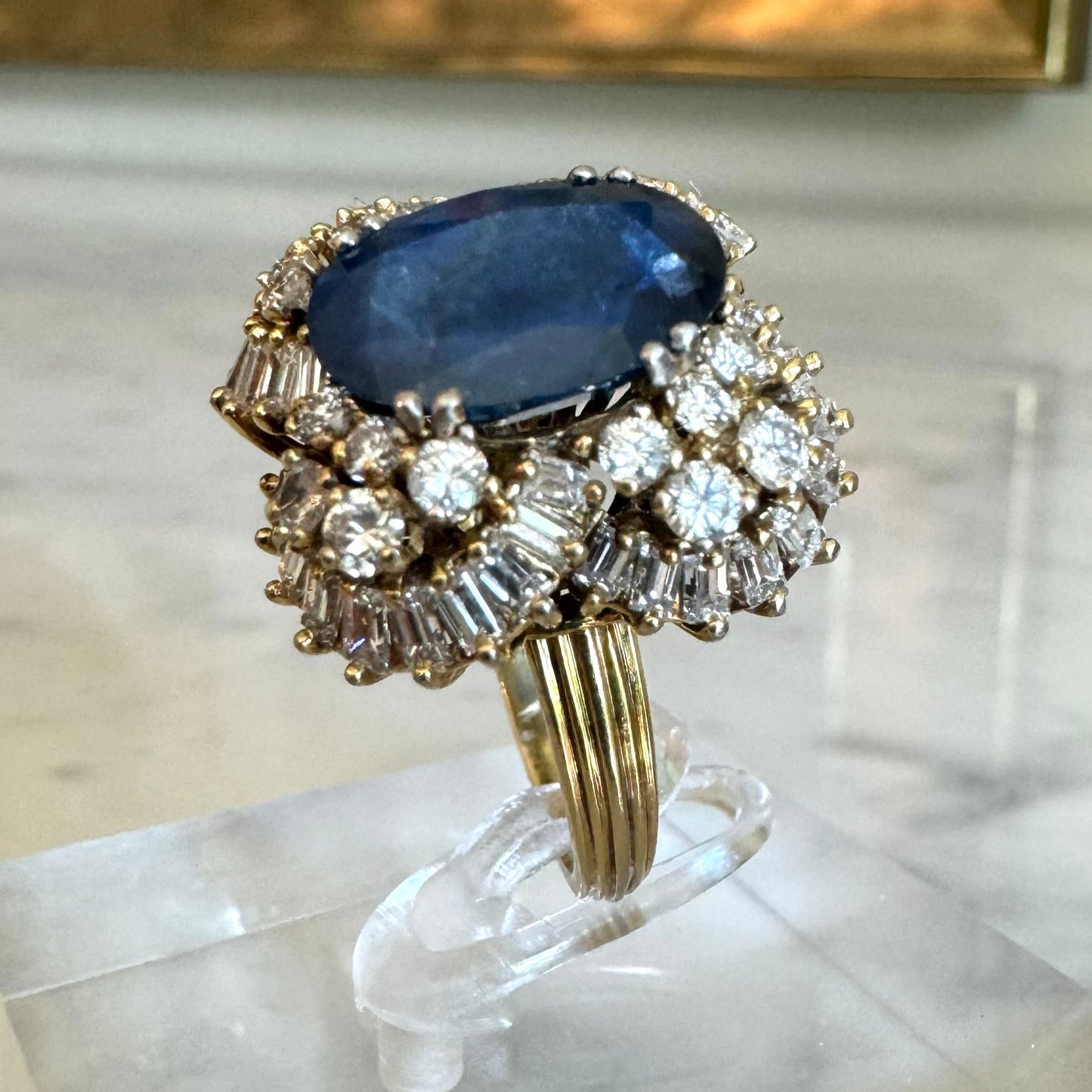 Platinum 6.24 CT Sapphire and 2.40 CTW Estate Diamond Cocktail Ring