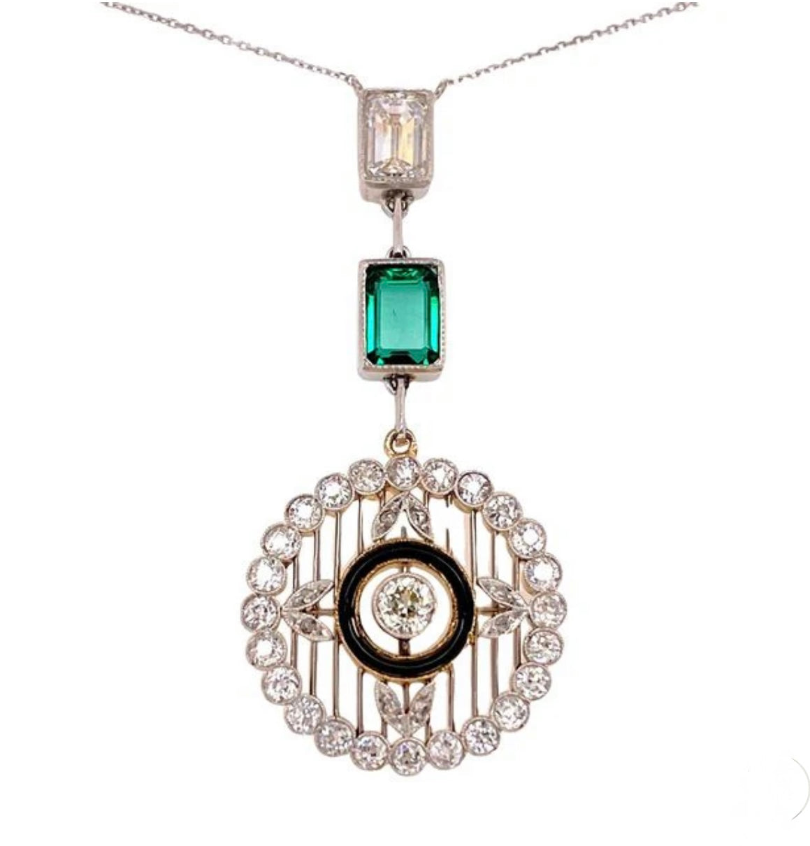 Antique Platinum Emerald, Diamond, and Enamel Necklace