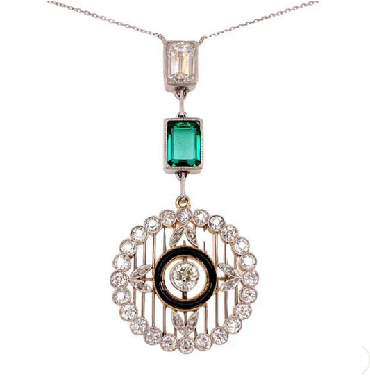 Antique Platinum Emerald, Diamond, and Enamel Necklace