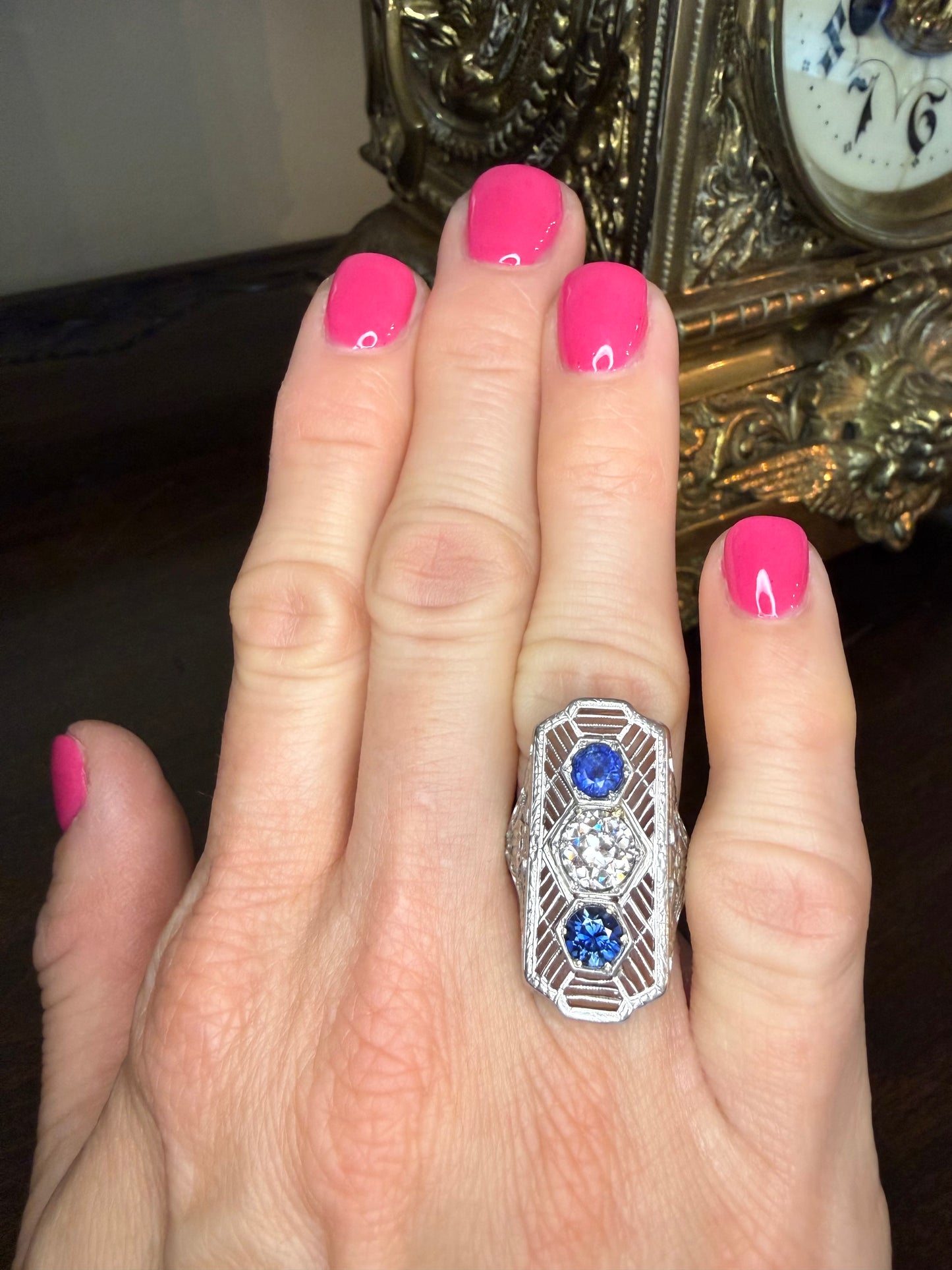 Antique Art Deco 1.12 CT Diamond and Sapphire Ring