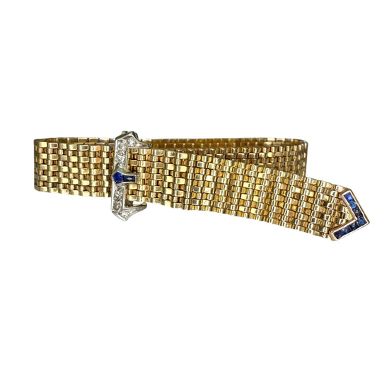 Vintage 14k Belt Bracelet with Diamond and Sapphire Buckle Clasp-Includes GIA Appraisal