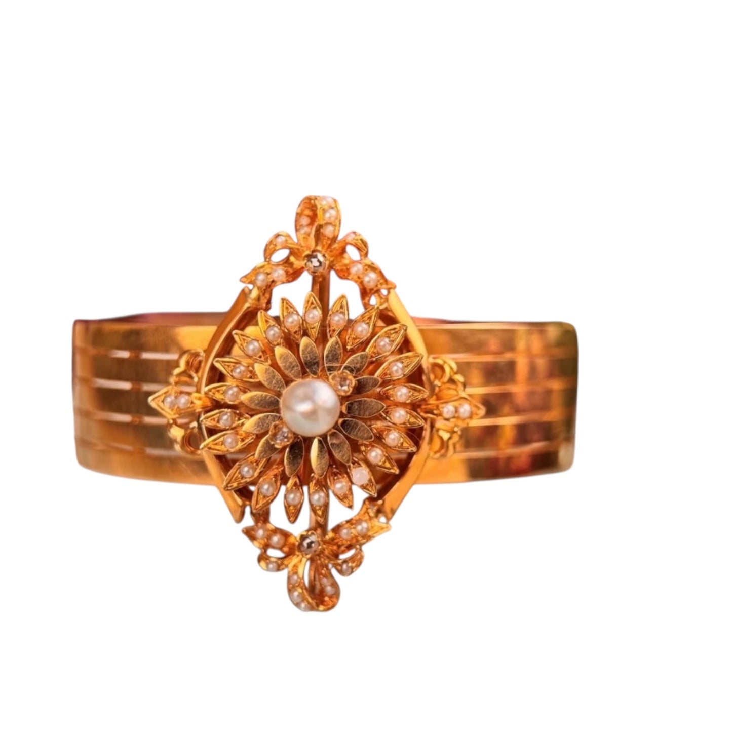 Antique 18k Rose Gold Pearl and Diamond Cuff Bracelet