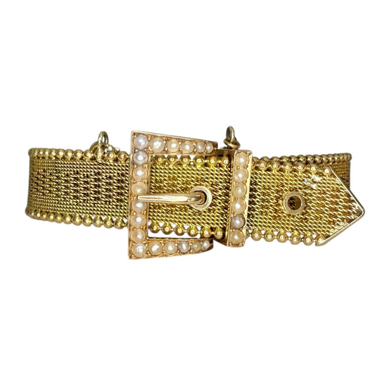 18k Yellow Gold Buckle Bracelet with Seed Pearls