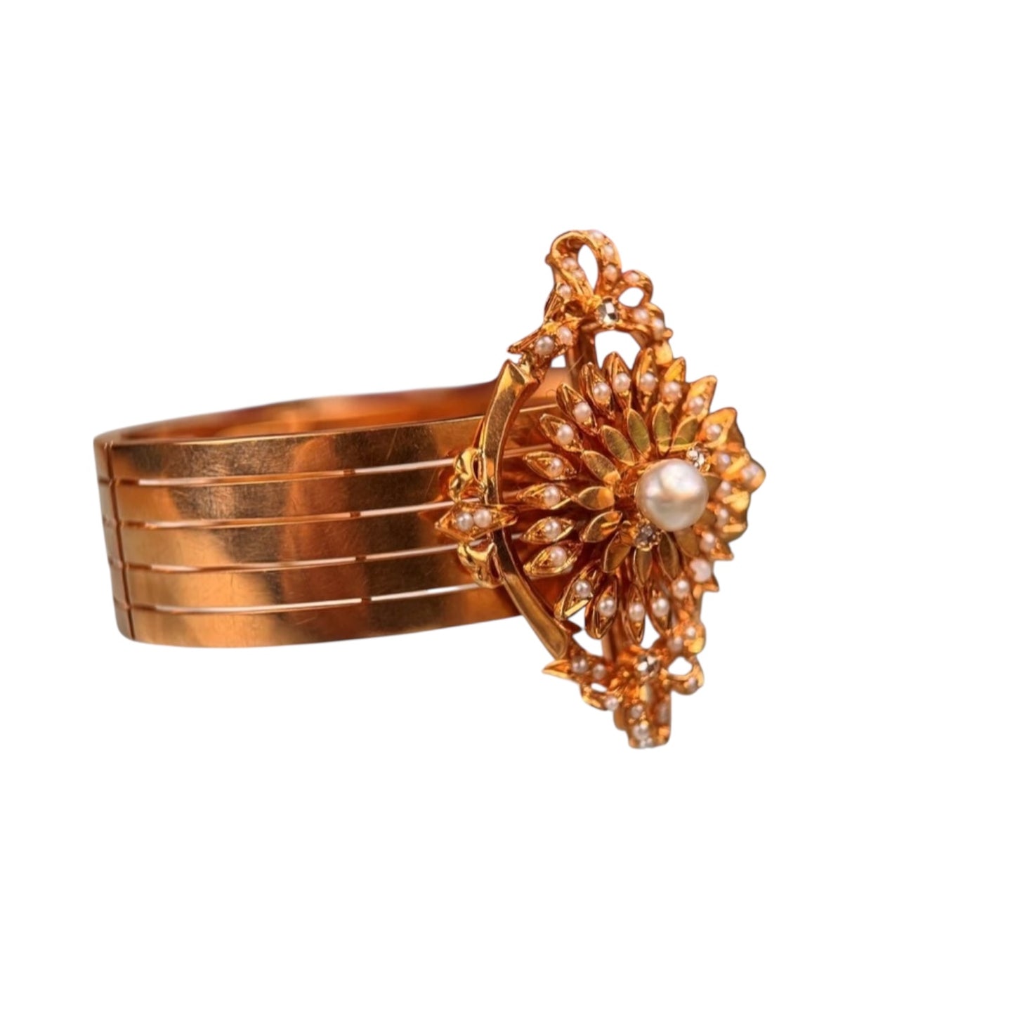Antique 18k Rose Gold Pearl and Diamond Cuff Bracelet