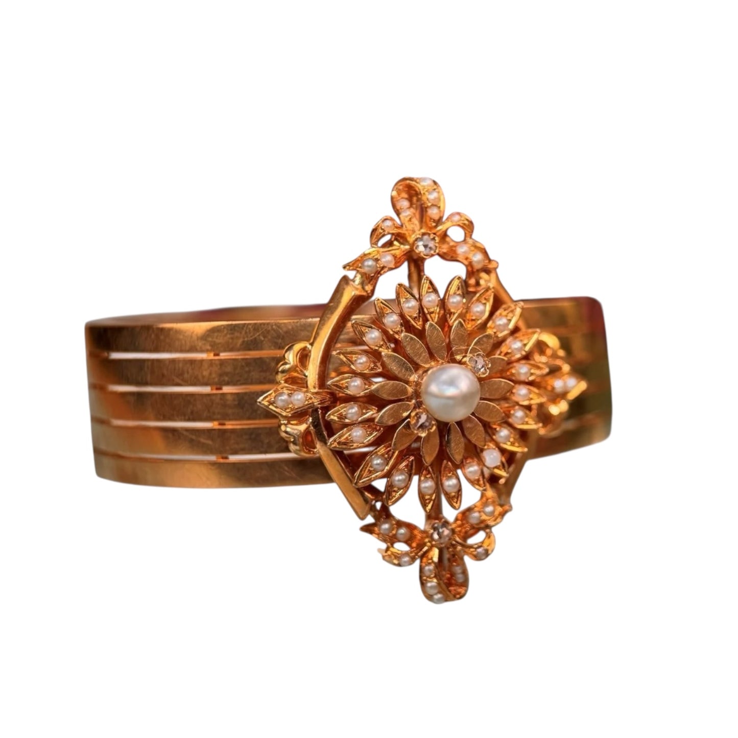 Antique 18k Rose Gold Pearl and Diamond Cuff Bracelet