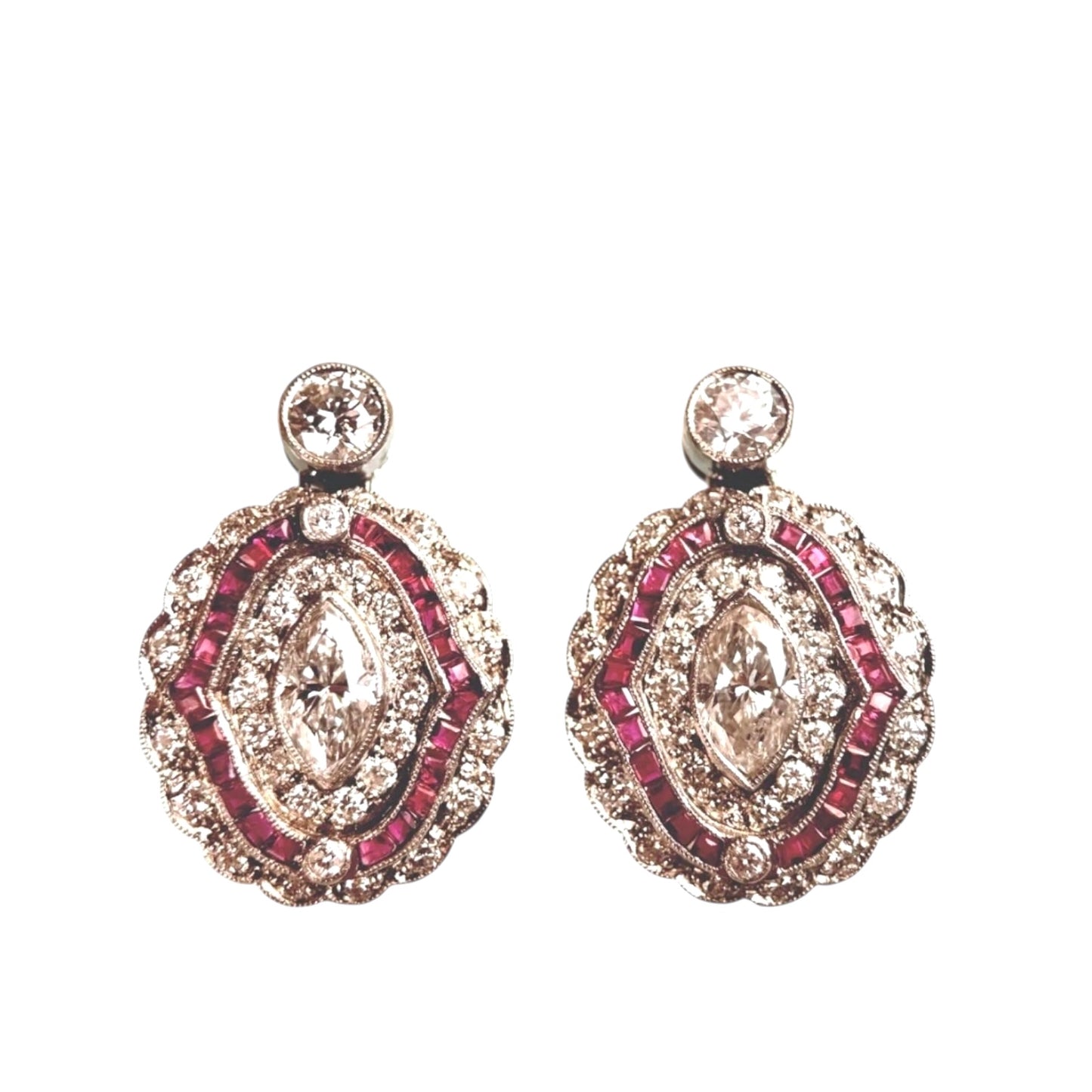 Platinum Antique Art Deco Diamond and Ruby Earrings