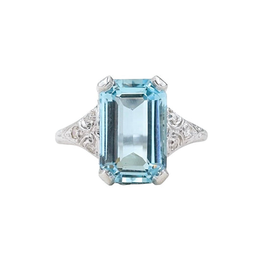 Platinum Antique Aquamarine and Diamond Ring-Includes GIA Appraisal