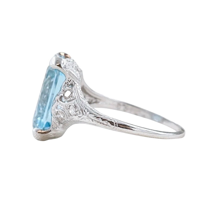 Platinum Antique Aquamarine and Diamond Ring-Includes GIA Appraisal