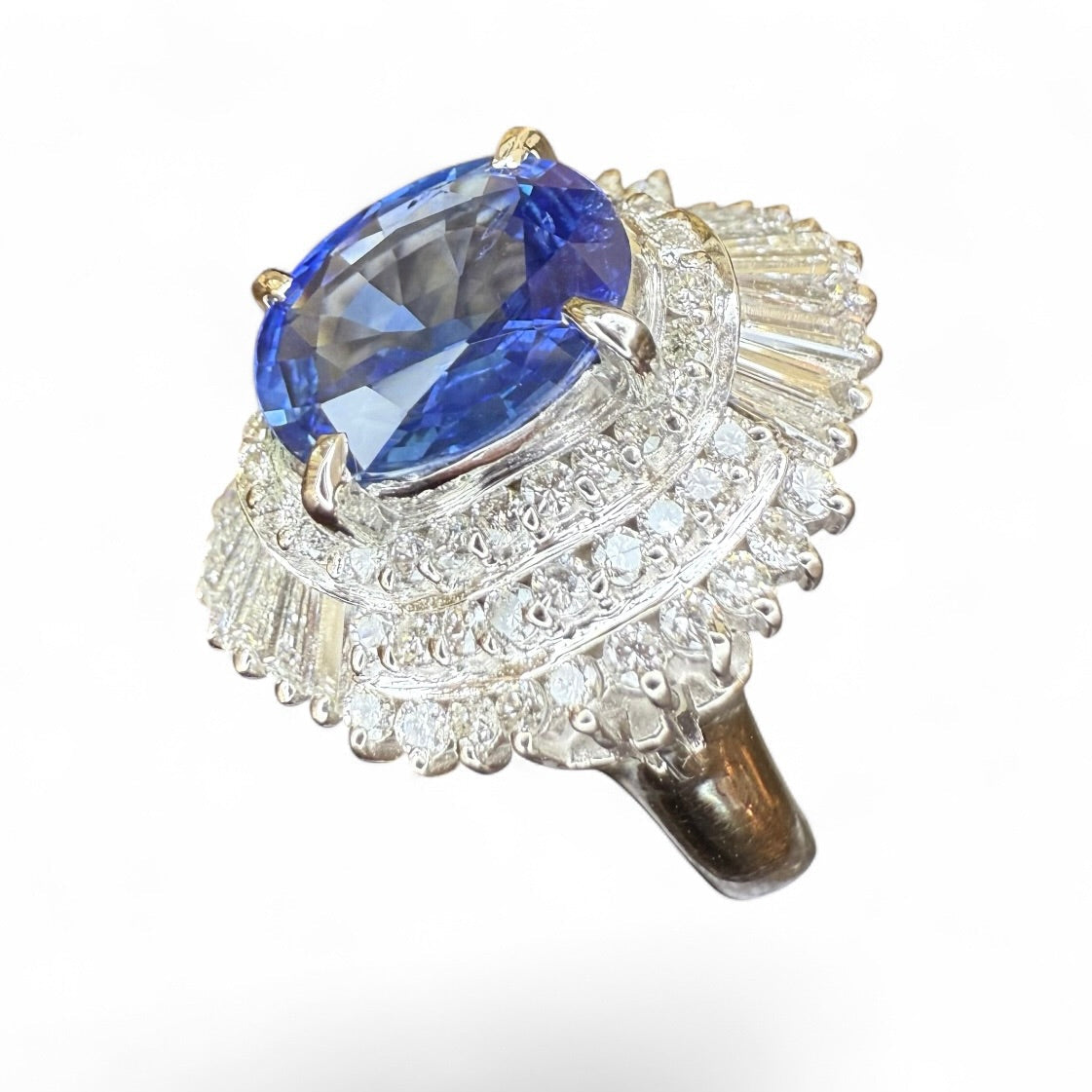 Platinum 3.08 Ceylon Sapphire and 1.54 CTW Diamond Ballerina Ring-Includes AIGS Certificate