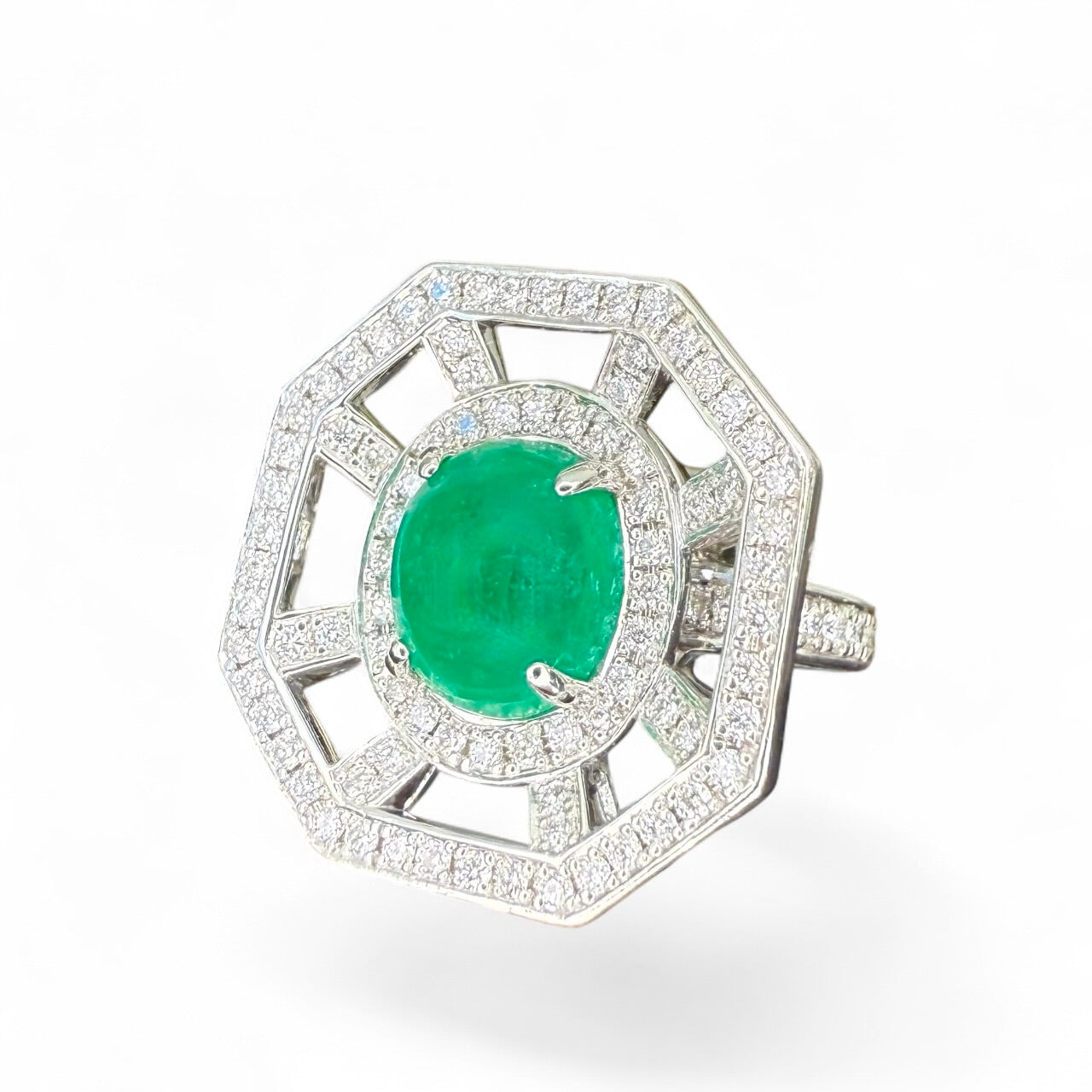 18K 2.45 Emerald Cabochon and Diamond Ring