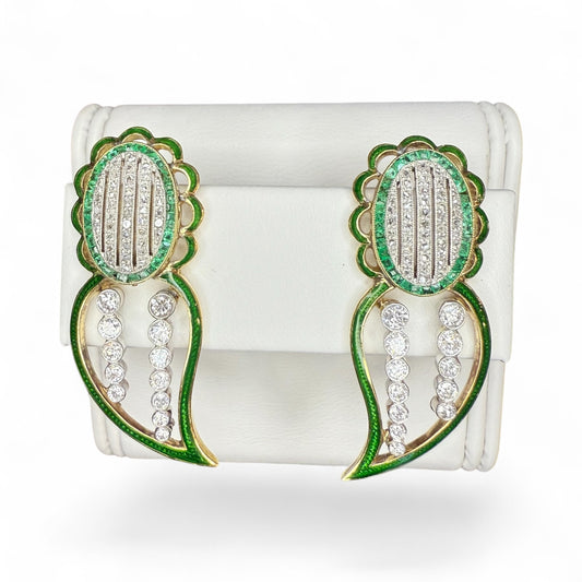 Platinum Antique Emerald, Diamond, and Enamel Earrings