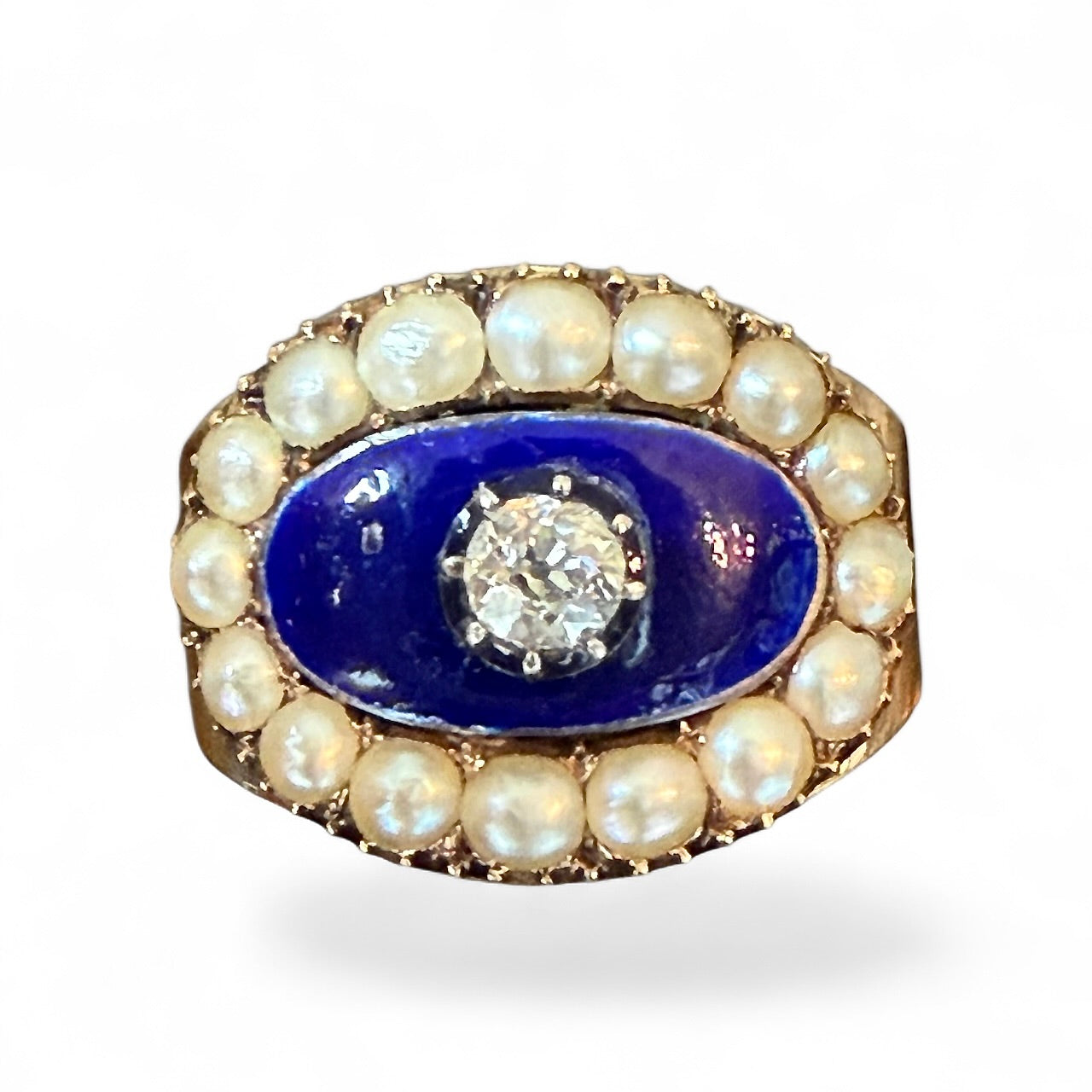 14k Antique Blue Enamel, Diamond, and Seed Pearl Ring Circa 1803