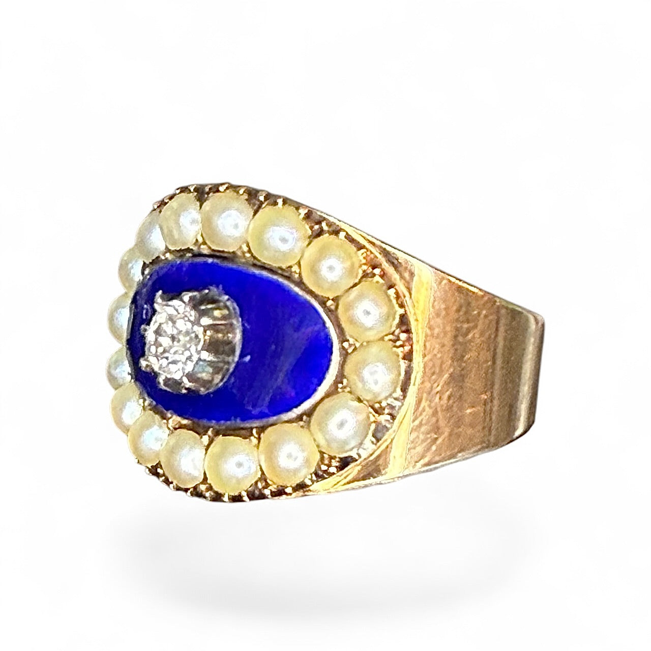 14k Antique Blue Enamel, Diamond, and Seed Pearl Ring Circa 1803