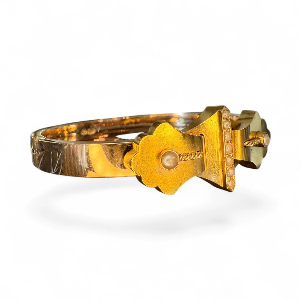 Vintage 14K Yellow Gold and Pearl Bangle