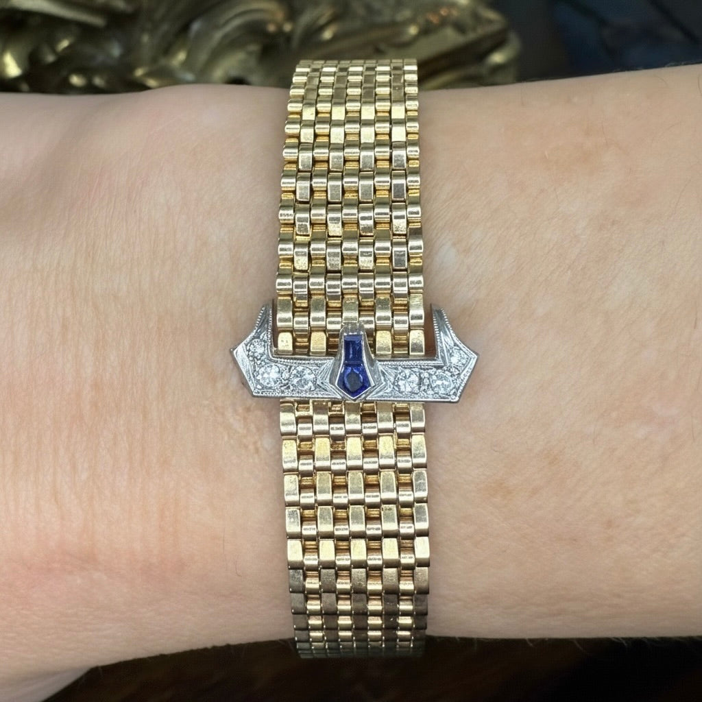Vintage 14k Belt Bracelet with Diamond and Sapphire Buckle Clasp-Includes GIA Appraisal