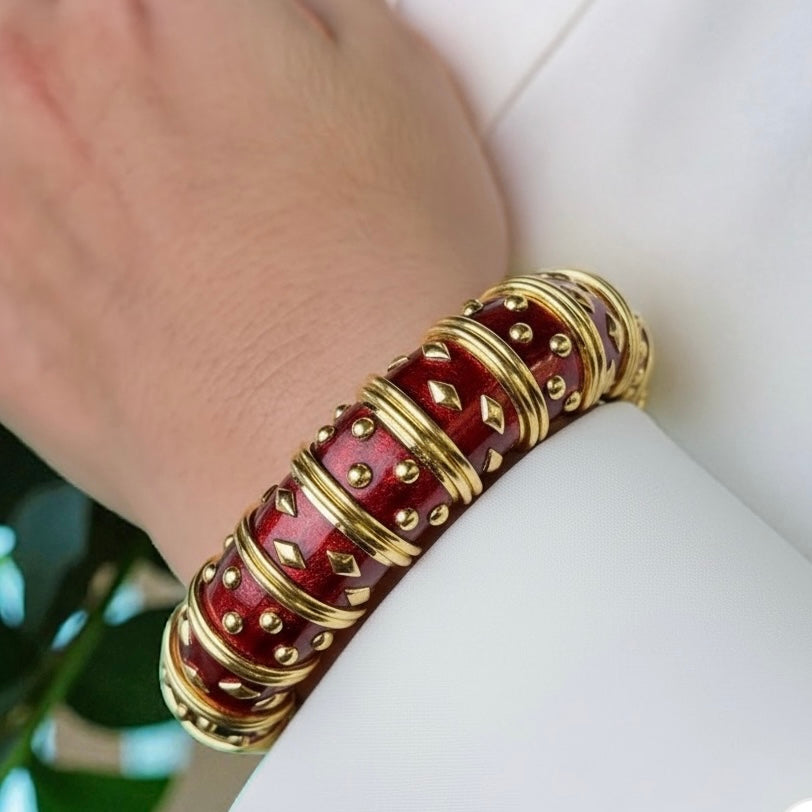 TIFFANY & CO. SCHLUMBERGER RED ENAMEL “PAILLONE” BANGLE BRACELET (VINTAGE)