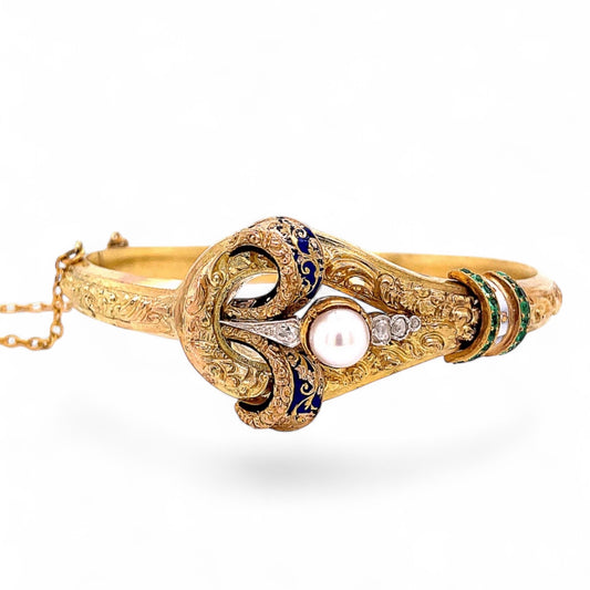Antique 14k Pearl, Emerald, and Diamond Bangle Bracelet-Includes GIA Appraisal