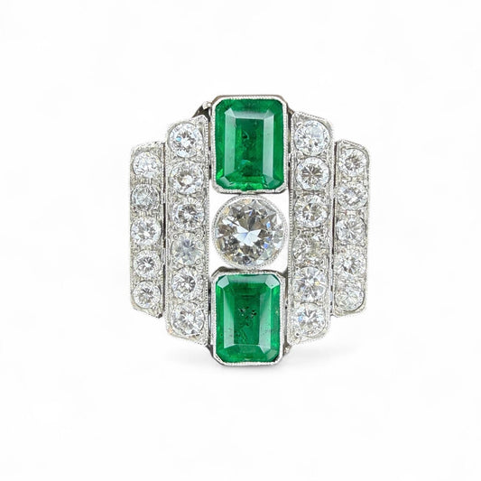Platinum Art Deco Emerald and Diamond Ring-GIA Appraisal Included