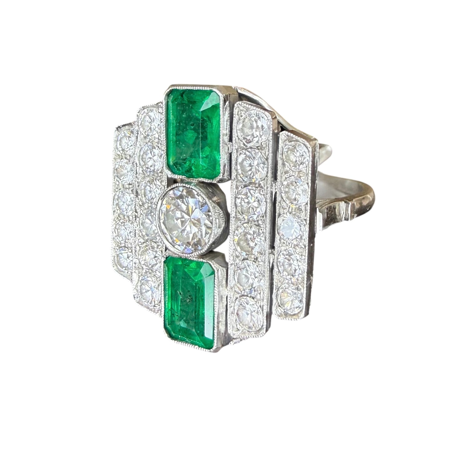 Platinum Art Deco Emerald and Diamond Ring-GIA Appraisal Included