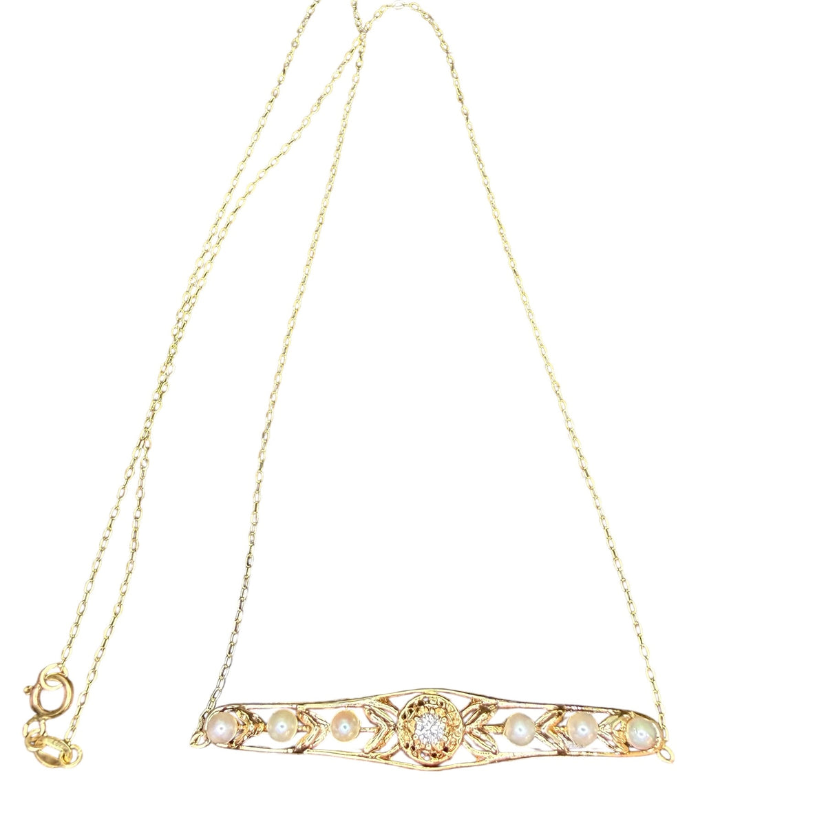 Antique 14k Diamond and Pearl Bar Pin Necklace