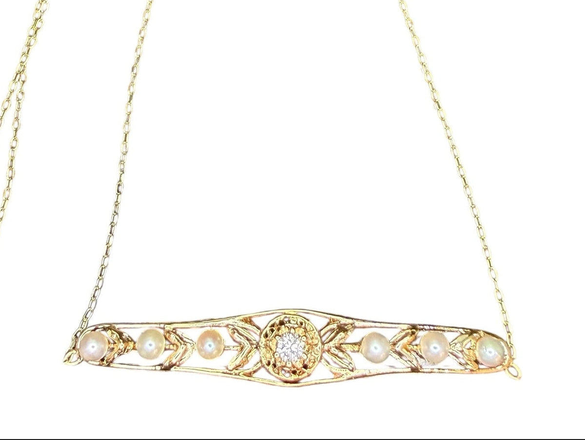 Antique 14k Diamond and Pearl Bar Pin Necklace