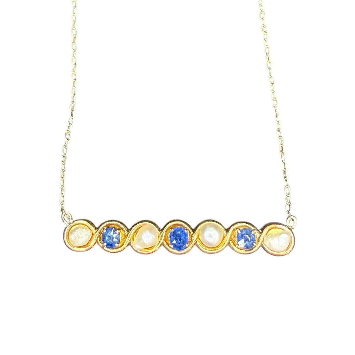 14k Antique Sapphire and Pearl Bar Pin Necklace