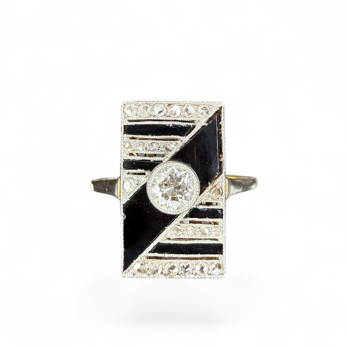 Antique 18k and Platinum Diamond and Black Onyx Ring