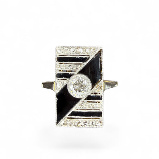 Antique 18k and Platinum Diamond and Black Onyx Ring
