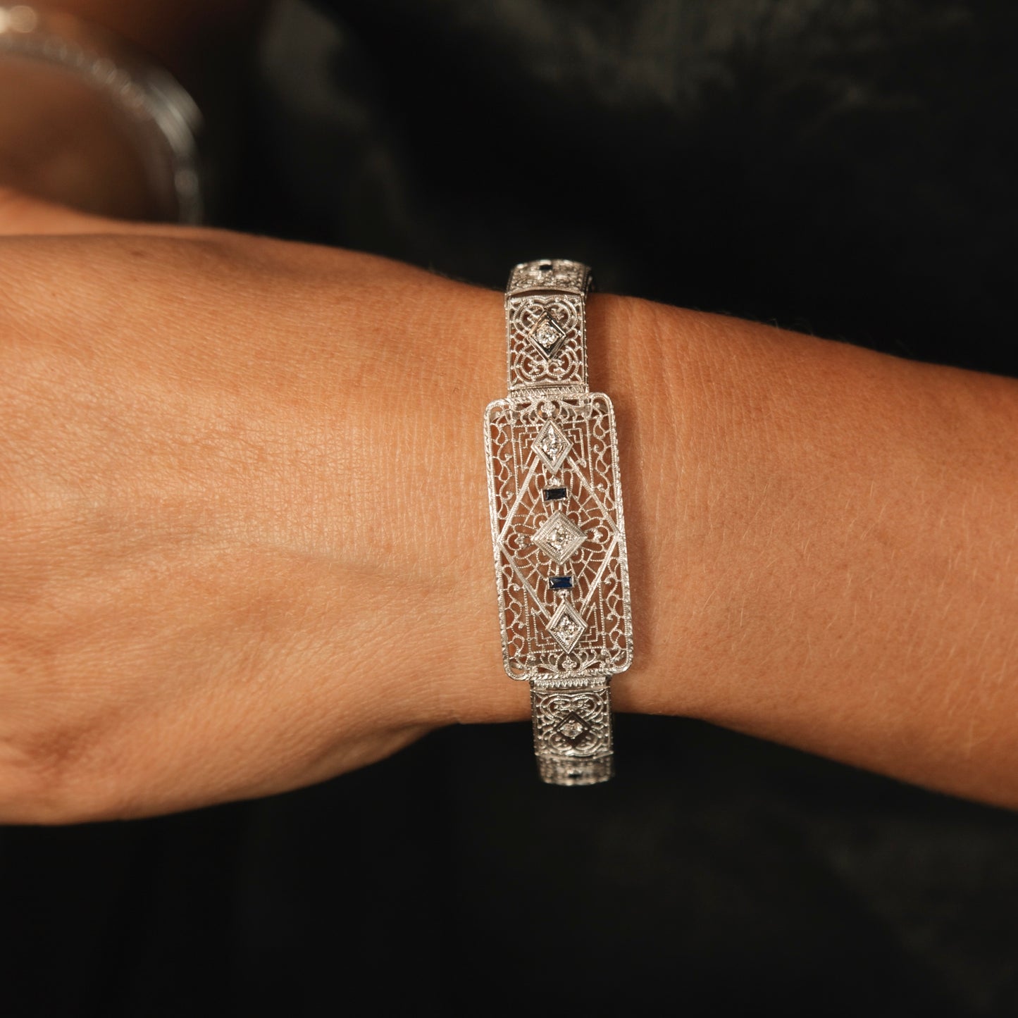 Antique 14k Art Deco Filigree .60 CTW Diamond and Sapphire Bracelet