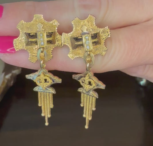 Victorian Antique 14k Yellow Gold, Pearl, and Black Enamel Tassel Earrings